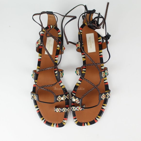 NEW VALENTINO GARAVANI Runway Sandal–Ankle Wrap Embellished Flat Gladiator Style - Picture 3 of 12